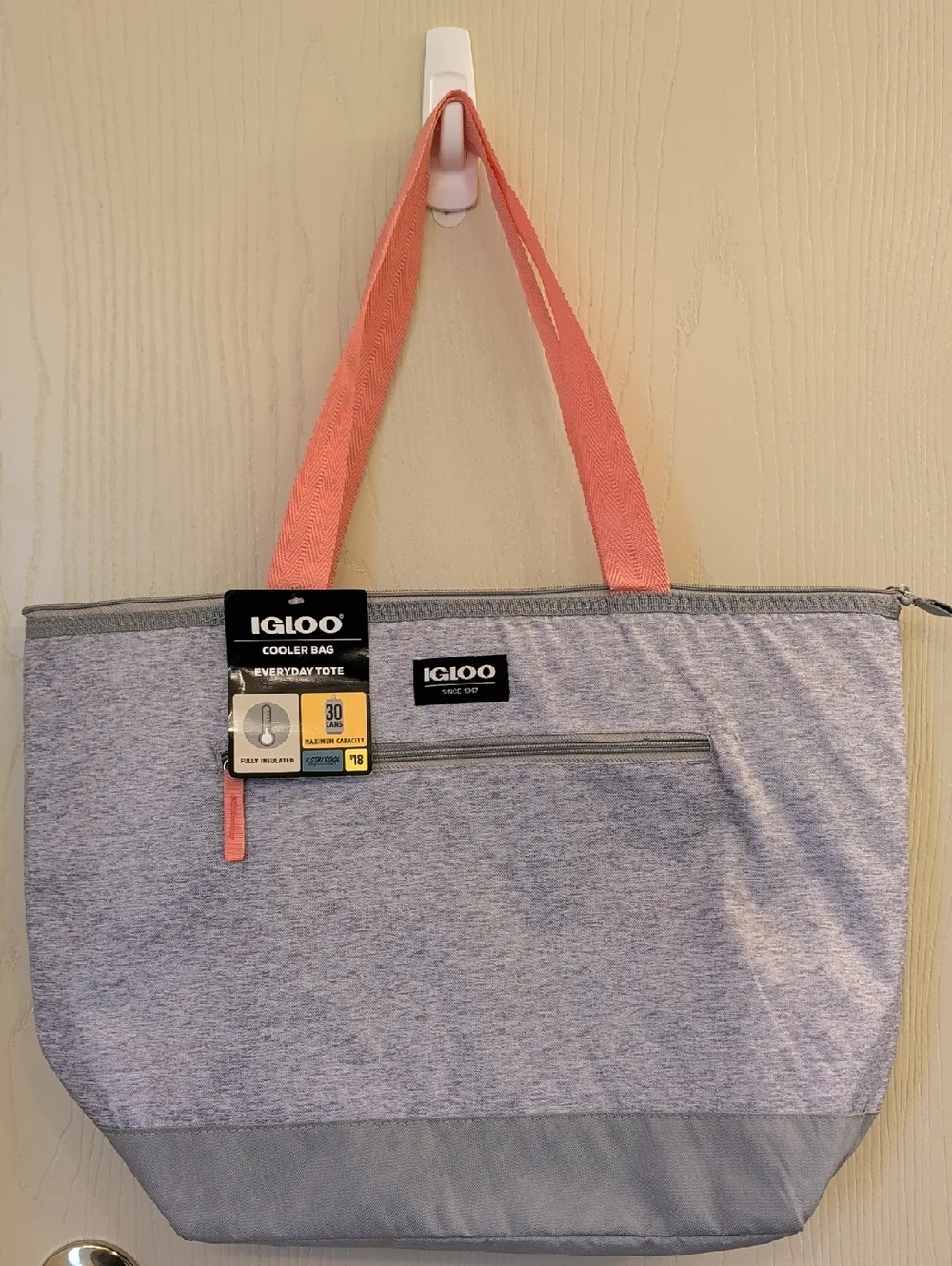 Igloo 30 Can Cooler Tote Bag Light Gray Coral Insulated Picnic Beach Bag NWT